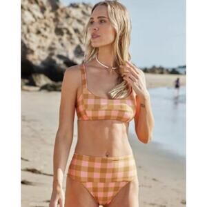 L*Space Jess Bikini Top in Brown Pink Plaid Size DD NWT